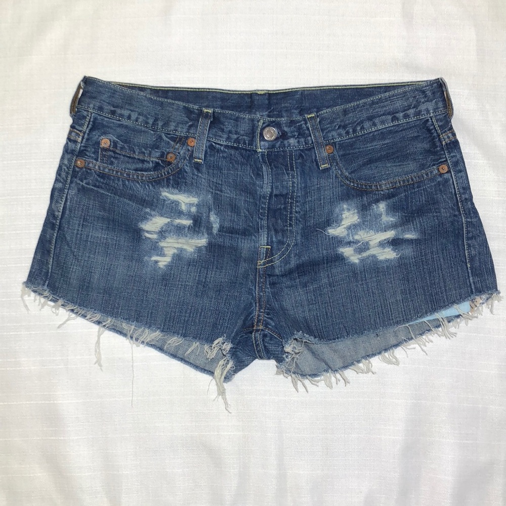 Levi's Distressed Dark Blue Denim Cutoff Jean Shorts